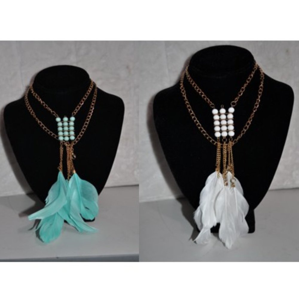 Necklace Jewelry Bohemian Feather Turquoise and White Beads lot of two Necklace